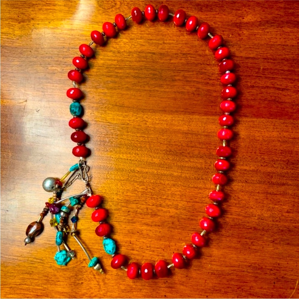 Faceted cranberry red stone and turquoise beaded necklace boho western statement